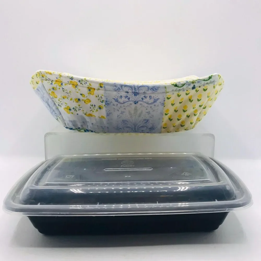 Reversible Microwave Cozie For Takeout Containers Cottage Patchwork Yellow Blue